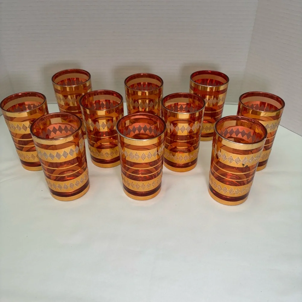Vintage Amber Gold Geometric Trim Glass Tumblers - Set of 10 Mid-century